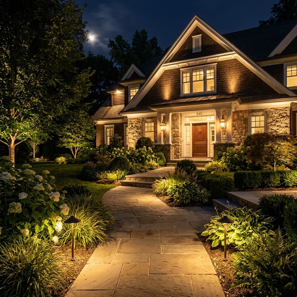 Outdoor path and entry lighting for a Connecticut home